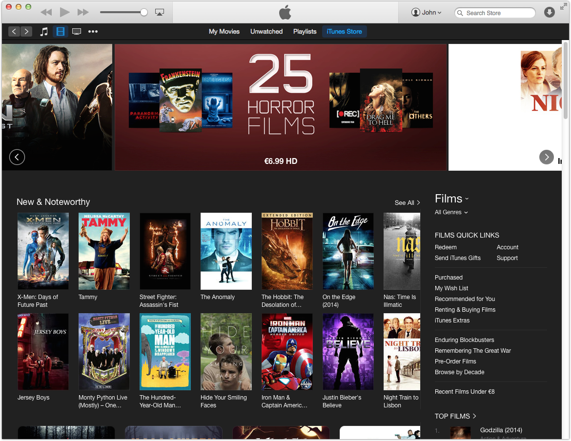 Screenshot of iTunes movies homepage