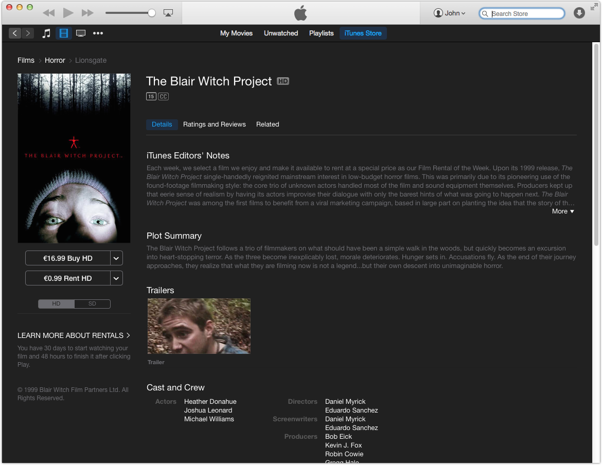 Screenshot of “The Blair Witch Project” on iTunes